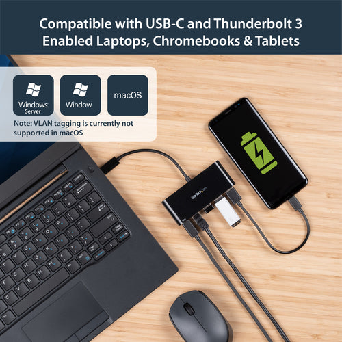 USB-C to Ethernet Adapter StarTech.com 3-Port USB 3.0 Hub Power Delivery 5000 Mbit/s Black