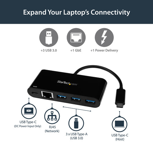 USB-C to Ethernet Adapter StarTech.com 3-Port USB 3.0 Hub Power Delivery 5000 Mbit/s Black