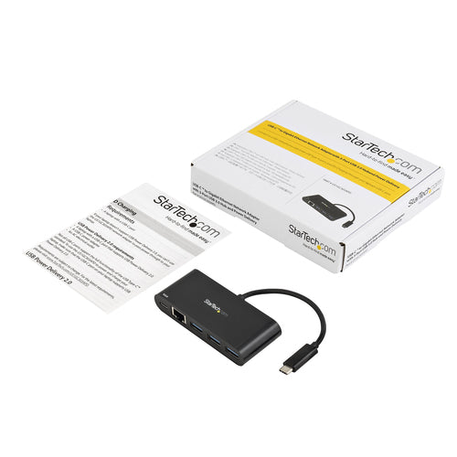 USB-C to Ethernet Adapter StarTech.com 3-Port USB 3.0 Hub Power Delivery 5000 Mbit/s Black