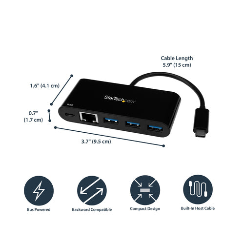 USB-C to Ethernet Adapter StarTech.com 3-Port USB 3.0 Hub Power Delivery 5000 Mbit/s Black