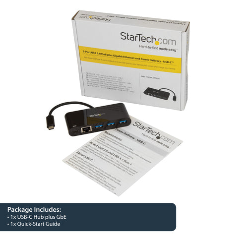 USB-C to Ethernet Adapter StarTech.com 3-Port USB 3.0 Hub Power Delivery 5000 Mbit/s Black