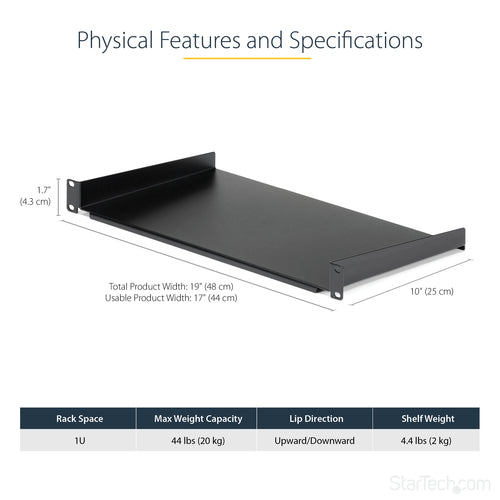StarTech.com 1U Fixed Rack Mount Shelf - 10in Deep, 44lbs Capacity, Black