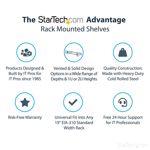 StarTech.com 1U Fixed Rack Mount Shelf - 10in Deep, 44lbs Capacity, Black