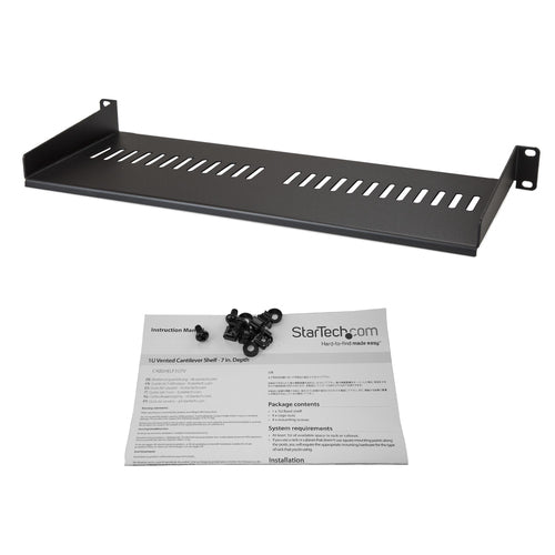 StarTech.com 1U Vented Rack Mount Shelf - 44lb Capacity, Heavy Duty Steel, Black