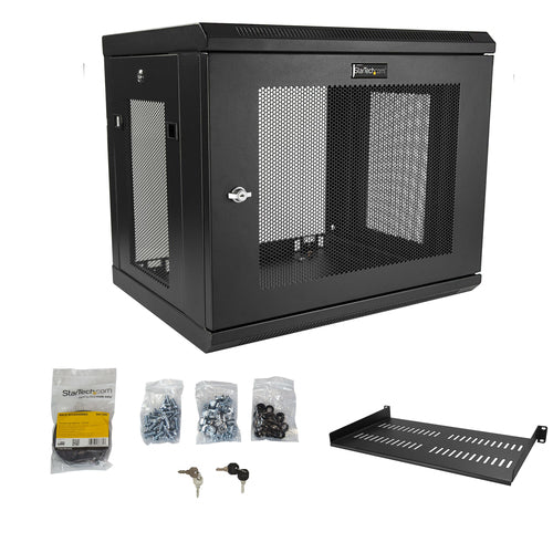 9U Wall-Mounted Network Cabinet 2-Post Rack StarTech.com 90kg Load Key Lock Cable Management
