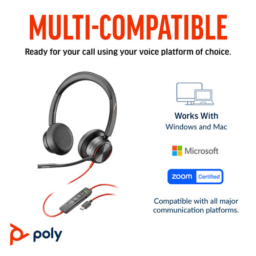 Headset HP Poly Blackwire 8225 Stereo Microsoft Teams Certified USB-C Wired 186g - 8X225AA