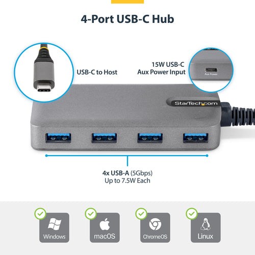 4-Port USB-C Hub 5Gbps StarTech.com Portable Desktop/Laptop