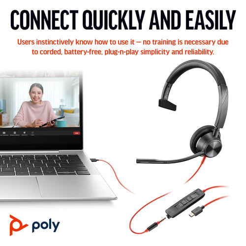 HP Poly Blackwire 3315 Monaural Microsoft Teams Certified USB-C Headset +3.5mm Plug +USB-C/A Adapter