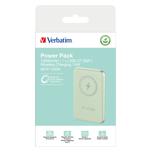 Verbatim Charge 'n' Go Magnetic Wireless Power Bank 10000mAh - Green, Quick Charge 3.0