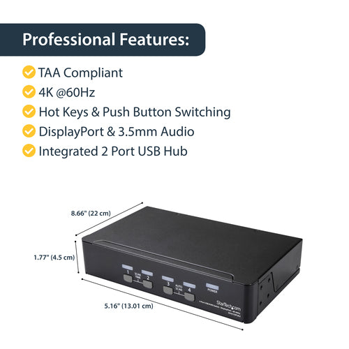 KVM Switch StarTech.com SV431DPUA2 4 Port DisplayPort 4K 60Hz USB 2.0 Hub Rack-Mountable - SV431DPUA2