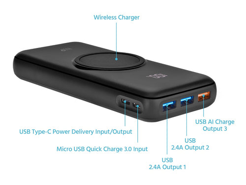 20000mAh Monoprice Wireless Power Bank Quick Charge 3.0 Black