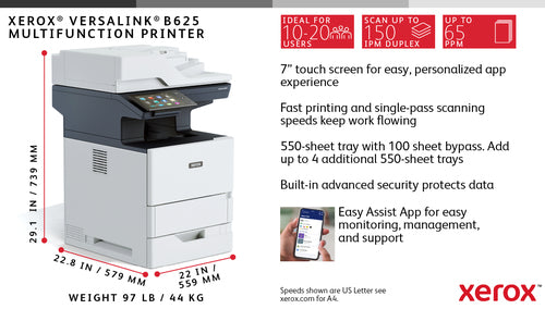 Multifunction Printer Xerox VersaLink B625 61ppm Duplex Copy/Print/Scan/Fax 650 Sheets - B625V_DN