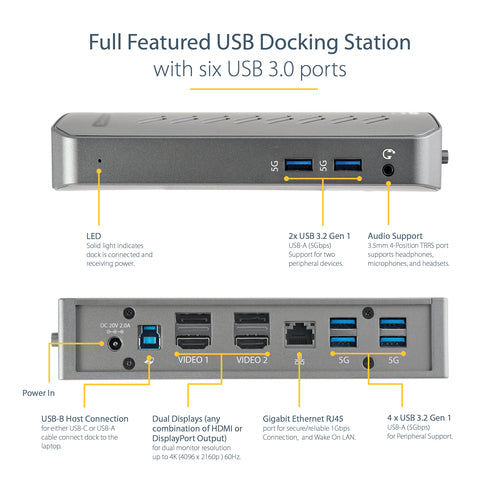 Laptop Dock StarTech.com DK30A2DHU Dual 4K HDMI USB-A Gigabit Ethernet