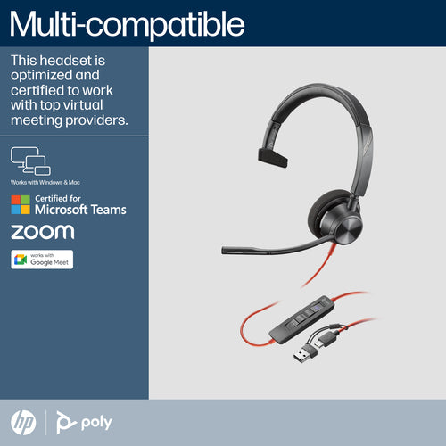 USB-C Headset HP Poly Blackwire 3310 Monaural Microsoft Teams Certified Wired 103g - 8X216AA