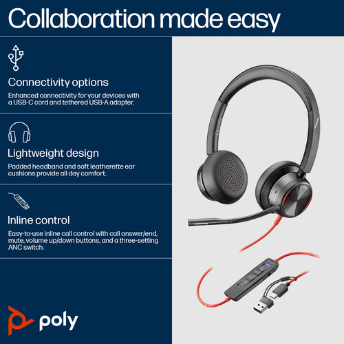Headset HP Poly Blackwire 8225 Stereo Microsoft Teams Certified USB-C Wired 186g - 8X225AA