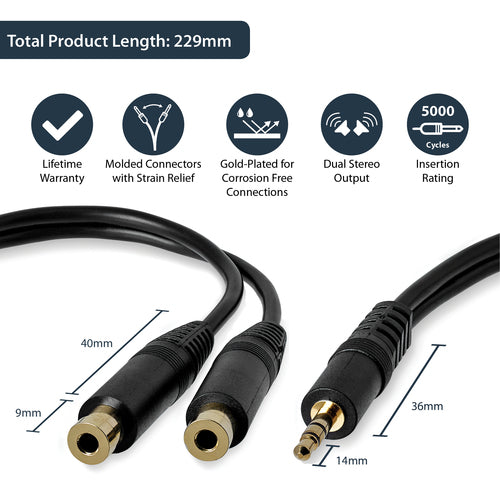 3.5mm Stereo Splitter Cable 6in Male to 2x Female Black