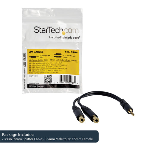 3.5mm Stereo Splitter Cable 6in Male to 2x Female Black