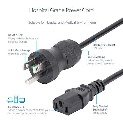 Power Cable StarTech.com PXTMG10110 10ft Hospital Grade 18AWG NEMA 5-15P C13