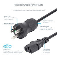 15ft Hospital Grade Power Cord NEMA 5-15P to C13 UL Listed