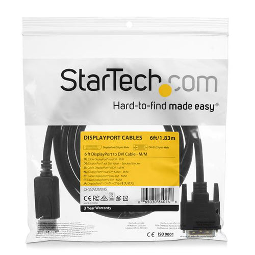 Video Cable Adapter StarTech.com DP2DVI2MM6 6ft 1080p DisplayPort to DVI-D - DP2DVI2MM6