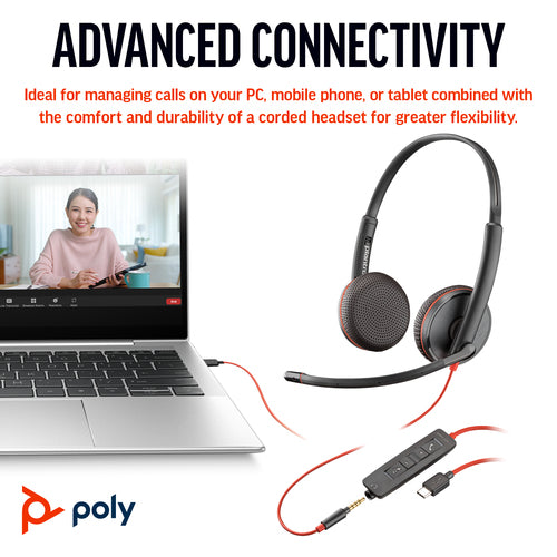 Wired Stereo USB-C Headset HP Poly Blackwire 3225 200-6800Hz Lightweight