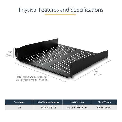 Rack Shelf StarTech.com CABSHELFV 2U Vented Heavy Duty Steel 50lb Capacity - CABSHELFV
