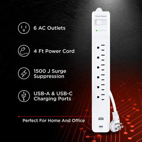 Surge Protector CyberPower CSP604UCW 6 AC Outlets 2 USB 1500 Joules