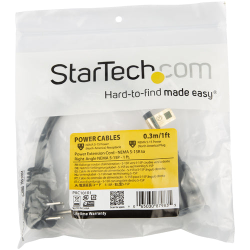 Power Extension Cord StarTech.com PAC101R3 3ft Right Angle NEMA 5-15P 16AWG UL Listed