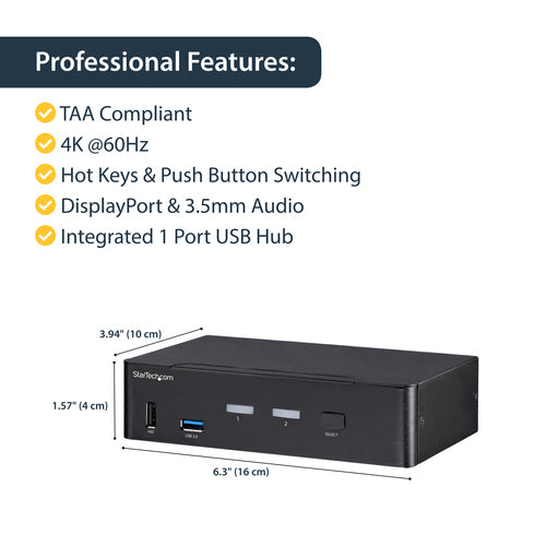 KVM Switch StarTech 2 Port DisplayPort 4K 60Hz USB Hub