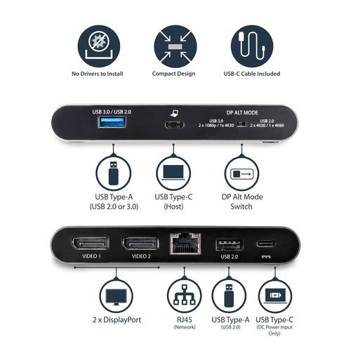 USB-C Dock StarTech DK30C2DAGPD Dual 4K DisplayPort 100W Power Delivery