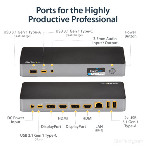 Laptop Dock StarTech.com DK30C2DPPD Dual 4K USB-C USB-A 60W