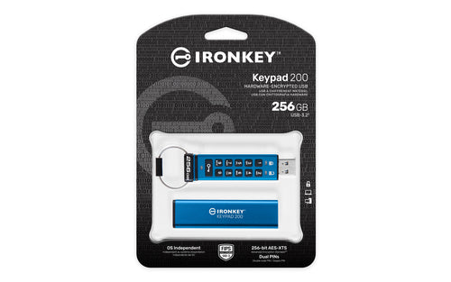 USB Flash Drive Kingston Technology IronKey Keypad 200 256GB AES-256 Encrypted USB Type-A 145 MB/s - IKKP200/256GB
