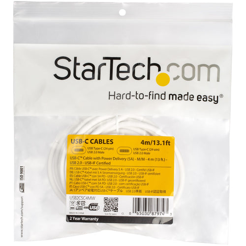 USB Cable StarTech USB-C to USB-C 5A PD 4m USB 2.0 White - USB2C5C4MW