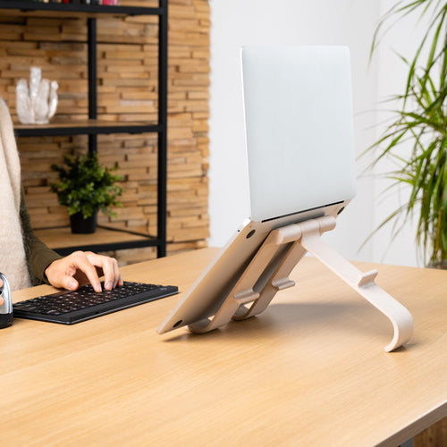 R-Go Tools RGOTPW Ergonomic Laptop Stand - Adjustable Biobased Wood - White, 10" to 22"
