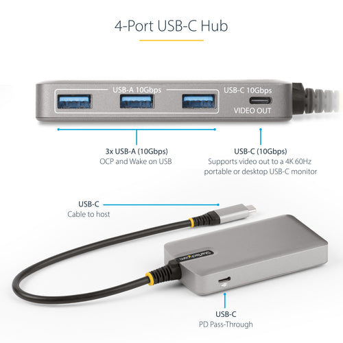USB-C Hub StarTech.com HB31C3A1CDPPD3 4-Port 4K 60Hz 100W Power Delivery - HB31C3A1CDPPD3