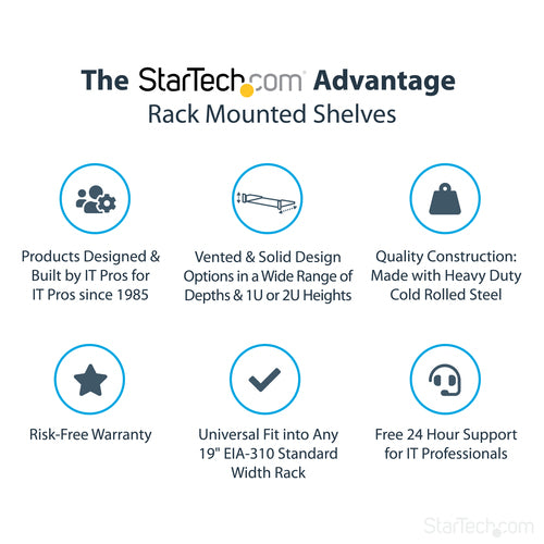 StarTech.com CABSHELF116 1U Server Rack Shelf - Heavy Duty Steel, 44lb Capacity, Black