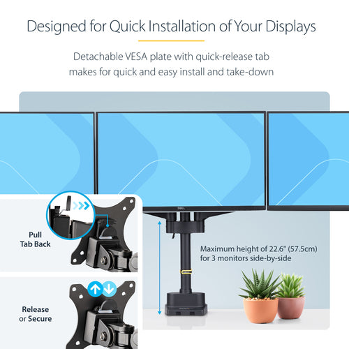 Monitor Mount StarTech.com 3MP2AG Triple Arm VESA 75x75/100x100 Tool-Less Adjustments - 3MP2AG-MONITOR-ARM