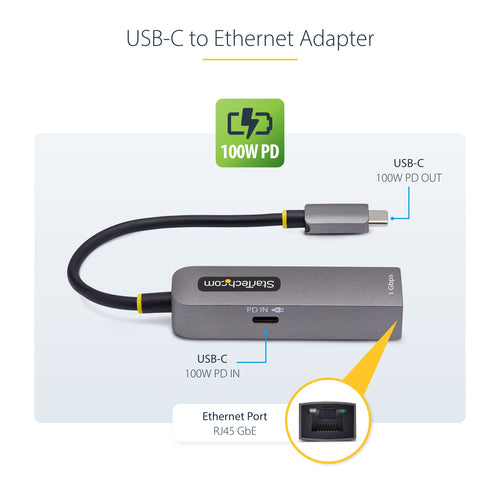USB-C Ethernet Adapter StarTech 1GPD3 100W PD Pass-Through 1Gbps Thunderbolt Compatible - 1GPD3-USB-C-ETHERNET
