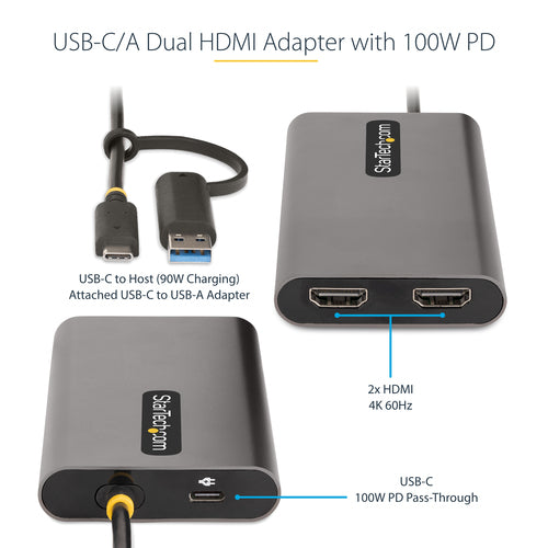 USB-C to Dual HDMI Adapter 4K 60Hz 100W Power Delivery StarTech.com