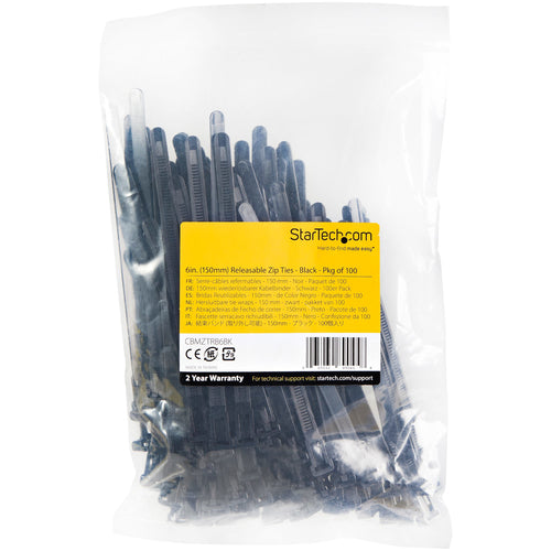 Cable Tie StarTech.com CBMZTRB6BK 6in Releasable Nylon 50lb Black 100 Pack