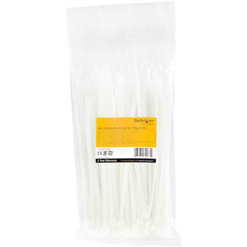 StarTech 8 Inch White Nylon Cable Ties, 50 Pack - Heavy-Duty 50lb Zip Ties