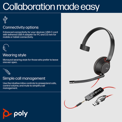 Monaural USB-C Headset HP Poly Blackwire 5210 Office Call Center Comfortable Design