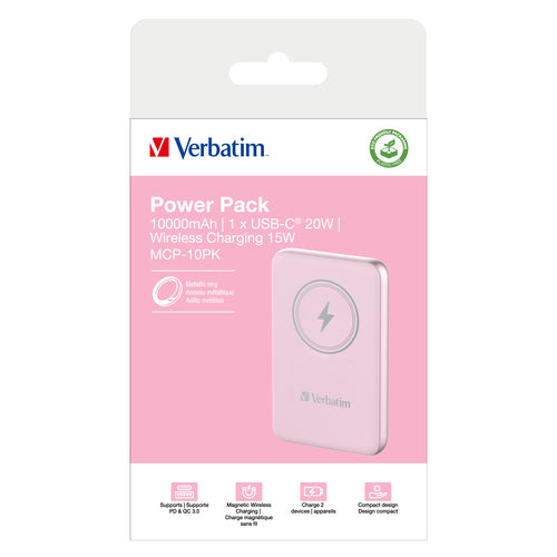 Verbatim Charge 'n' Go 10000mAh Wireless Power Bank - Pink - Quick Charge 3.0