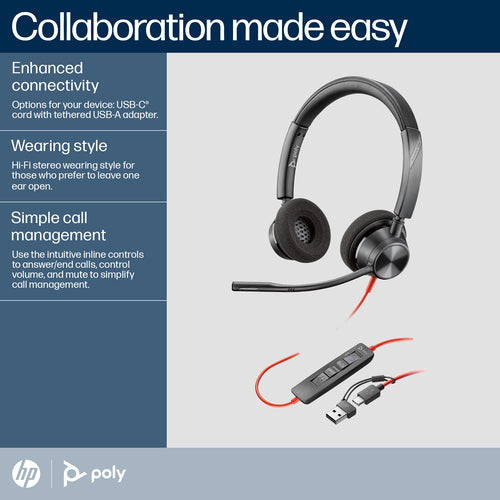 Headset HP Poly Blackwire 3320 Stereo USB-C 20-20000 Hz Wired - 8X220AA
