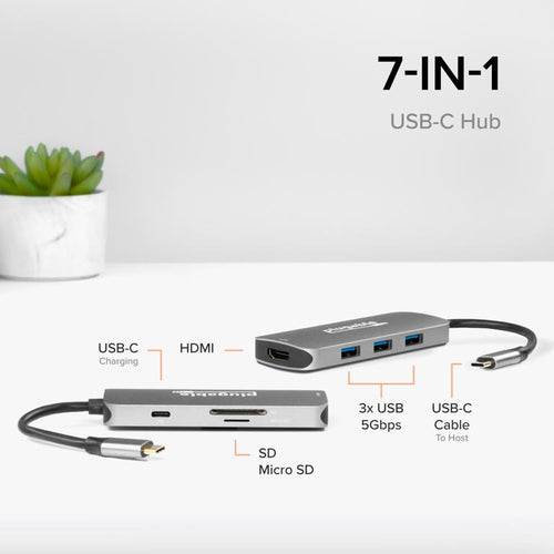 USB-C Hub 7-in-1 Plugable Technologies Driverless 4K HDMI 3 USB 3.0 SD Card Reader 100W Charging