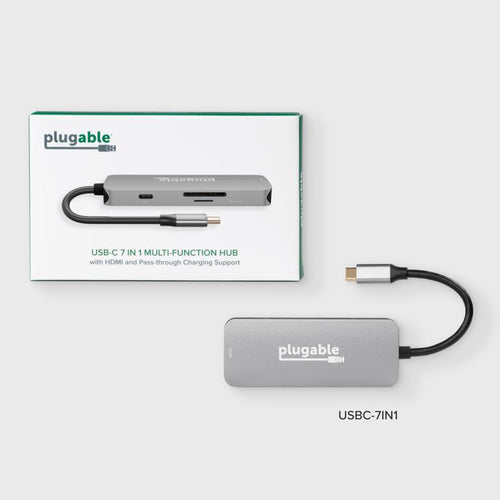 USB-C Hub 7-in-1 Plugable Technologies Driverless 4K HDMI 3 USB 3.0 SD Card Reader 100W Charging