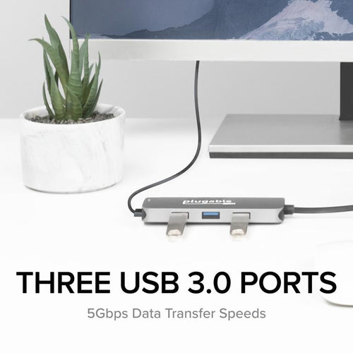 USB-C Hub 7-in-1 Plugable Technologies Driverless 4K HDMI 3 USB 3.0 SD Card Reader 100W Charging