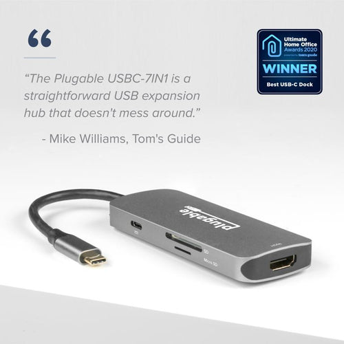 USB-C Hub 7-in-1 Plugable Technologies Driverless 4K HDMI 3 USB 3.0 SD Card Reader 100W Charging