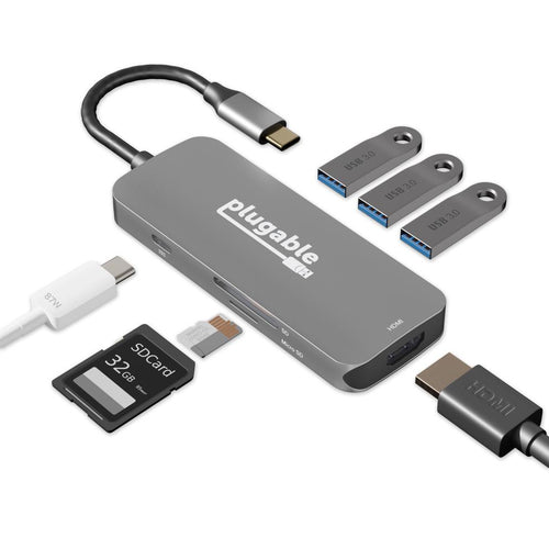 USB-C Hub 7-in-1 Plugable Technologies Driverless 4K HDMI 3 USB 3.0 SD Card Reader 100W Charging