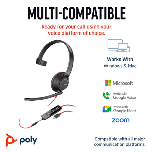 Wired Headset HP Poly Blackwire 5210 USB-C 3.5mm Adapter Bulk - 8X230A6